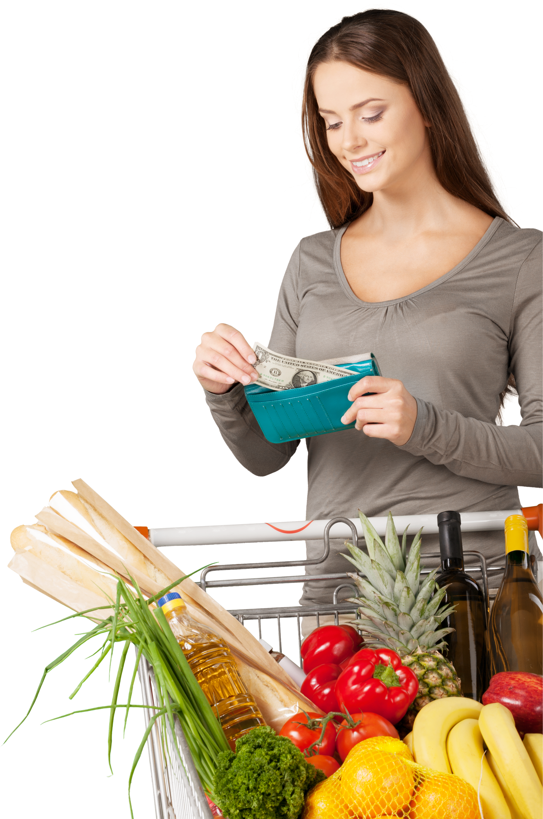 Woman with a Shopping Cart Taking Money from Wallet